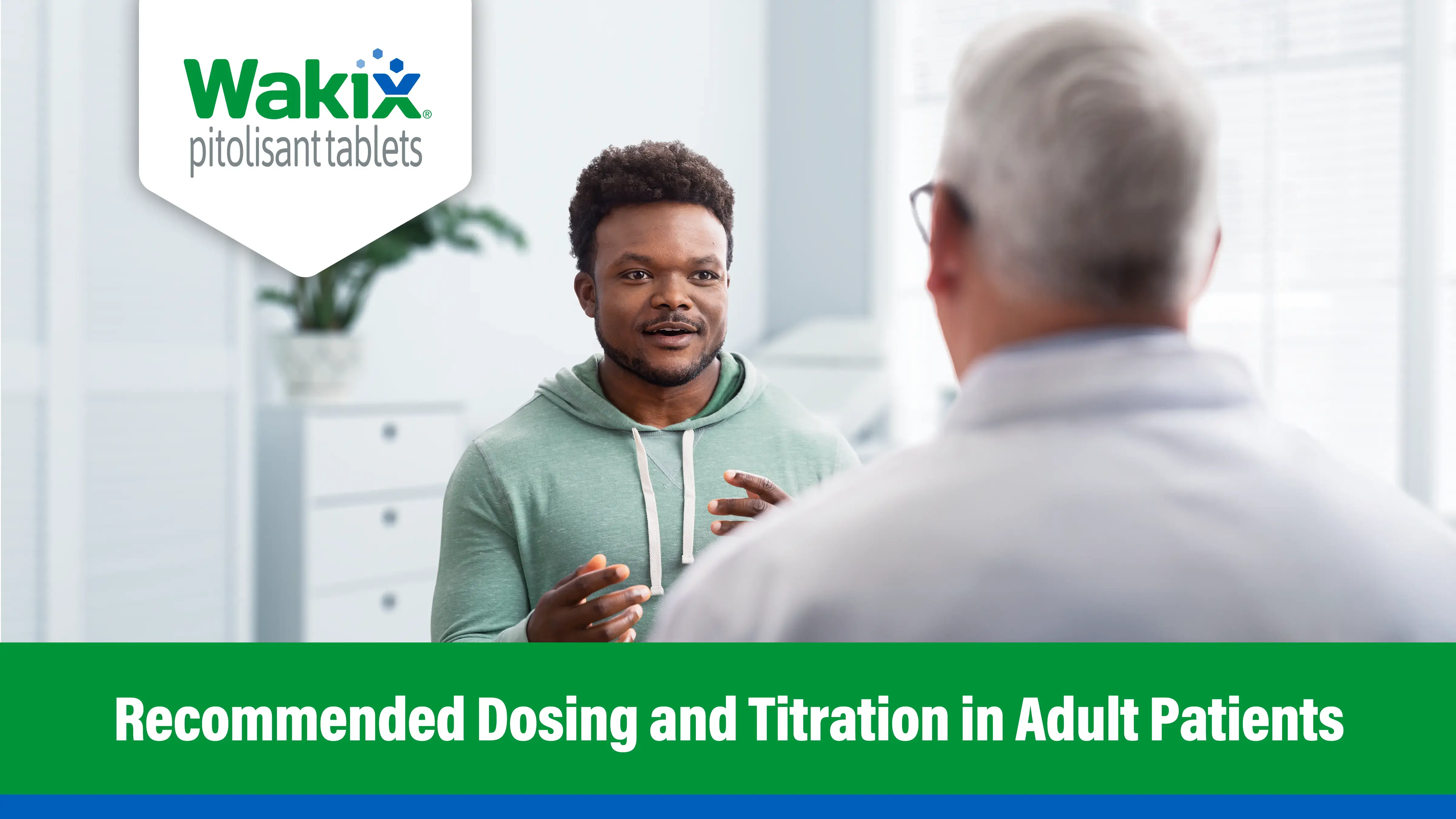 Video thumbnail showing healthcare provider explaining WAKIX dosing to an adult patient with narcolepsy