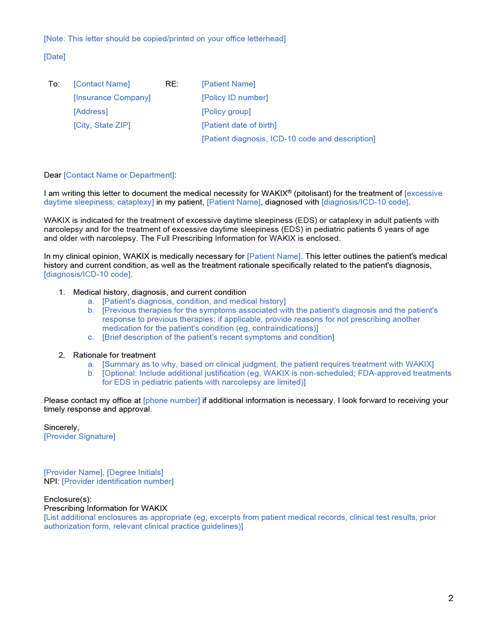 WAKIX Letter of Medical Necessity template